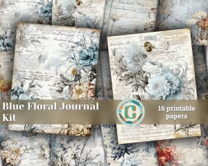 16 Papers | Rustic Soft Blue Floral Scrapbook Paper High Res 8k, Junk Journal Kit, Shabby Chic Printable Pages, Journaling Ephemera