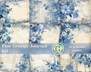 15 papers | Blue and White Grunge Junk Journal Kit Printable Pages for Scrapbooking and Journaling | Shabby Chic Vintage Ephemera Paper Kit