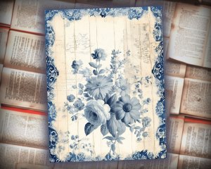 16 papers | Blue and White Grunge Junk Journal Kit, Neutral Printable Scrapbooking Paper, Vintage Shabby Chic Journaling Ephemera