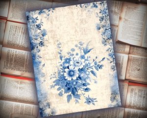 16 papers | Blue and White Grunge Junk Journal Kit, Neutral Printable Scrapbooking Paper, Vintage Shabby Chic Journaling Ephemera