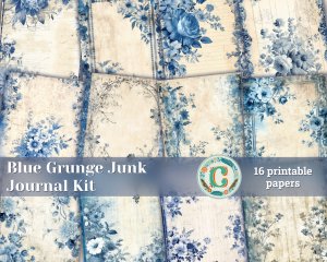 16 papers | Blue and White Grunge Junk Journal Kit, Neutral Printable Scrapbooking Paper, Vintage Shabby Chic Journaling Ephemera