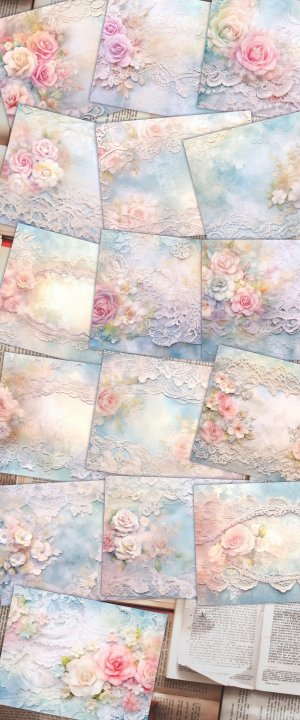 16 papers | Soft Blue Lace Scrapbooking Kit | Pastel Colors, Fairy Tale Watercolor Illustration, Shabby Chic Ephemera | Printable Pages