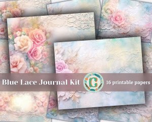 16 papers | Soft Blue Lace Scrapbooking Kit | Pastel Colors, Fairy Tale Watercolor Illustration, Shabby Chic Ephemera | Printable Pages