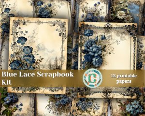 12 Papers | Blue Gothic Lace Border Scrapbooking Kit | Printable Pages | Junk Journal Supplies | Shabby Chic Scrapbooking Papers