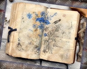 Beautiful Watercolor Vintage Junk Journal Single Page with Bluebells - Hyper Detailed Printable Template Paper for Invitations