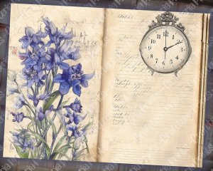 Beautiful Watercolor Vintage Junk Journal Single Page with Bluebells - Hyper Detailed Printable Template Paper for Invitations