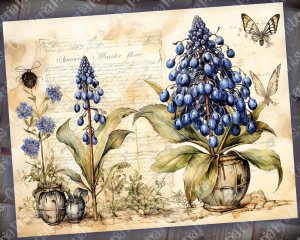 Beautiful Watercolor Vintage Junk Journal Single Page with Bluebells - Hyper Detailed Printable Template Paper for Invitations