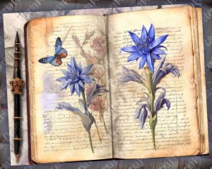 Beautiful Watercolor Vintage Junk Journal Single Page with Bluebells - Hyper Detailed Printable Template Paper for Invitations