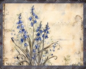 Beautiful Watercolor Vintage Junk Journal Single Page with Bluebells - Hyper Detailed Printable Template Paper for Invitations