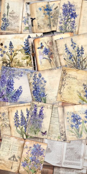 Beautiful Watercolor Vintage Junk Journal Single Page with Bluebells - Hyper Detailed Printable Template Paper for Invitations