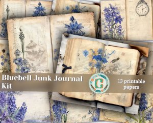 Beautiful Watercolor Vintage Junk Journal Single Page with Bluebells - Hyper Detailed Printable Template Paper for Invitations