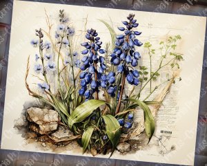 Beautiful Watercolor Vintage Junk Journal Single Page with Bluebells - Printable Template Paper for Invitations, Digital Planners