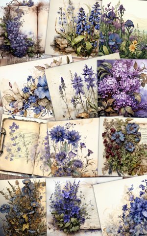 Beautiful Watercolor Vintage Junk Journal Single Page with Bluebells - Printable Template Paper for Invitations, Digital Planners