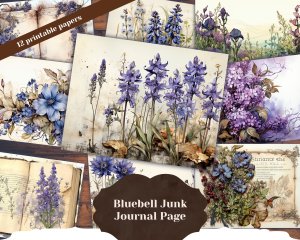 Beautiful Watercolor Vintage Junk Journal Single Page with Bluebells - Printable Template Paper for Invitations, Digital Planners