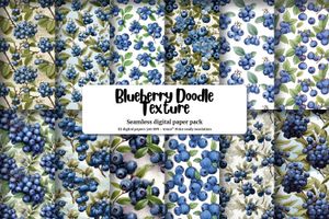 Digital Blueberry Clipart, Doodle Style, Watercolor Illustration, Seamless Texture, Big Elements, Light Background, High Quality