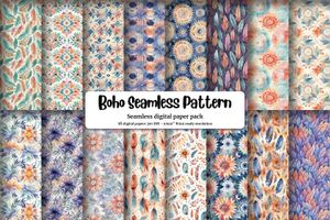 Muted Colored Boho Seamless Pattern, Watercolor Illustration Style, Super Detailed, High Quality Digital Pattern Paper, Printable Background