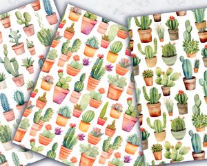 Watercolor Cactuses Digital Paper with Seamless Texture - Instant Download, Commercial Use, Printable Paper, Scrapbooking, Crafting