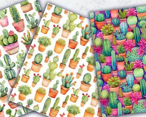 Watercolor Cactuses Digital Paper with Seamless Texture - Instant Download, Commercial Use, Printable Paper, Scrapbooking, Crafting