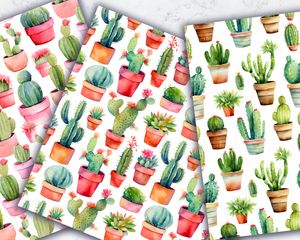 Watercolor Cactuses Digital Paper with Seamless Texture - Instant Download, Commercial Use, Printable Paper, Scrapbooking, Crafting