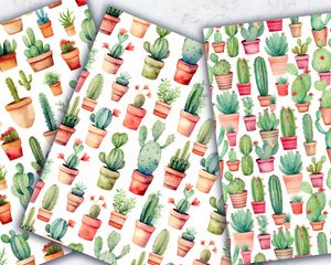 Watercolor Cactuses Seamless Digital Paper Pack - Instant Download - High Quality - Scrapbooking, Crafts, Stationery, Printables