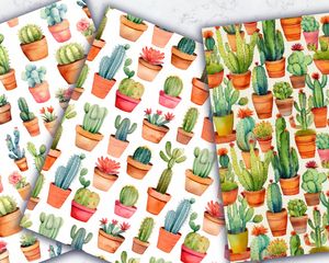 Watercolor Cactuses Seamless Digital Paper Pack - Instant Download - High Quality - Scrapbooking, Crafts, Stationery, Printables