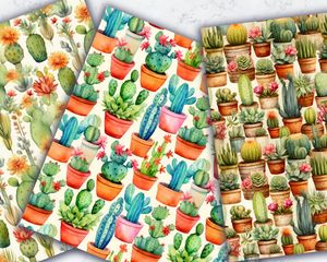 Watercolor Cactuses Seamless Digital Paper Pack - Instant Download - High Quality - Scrapbooking, Crafts, Stationery, Printables