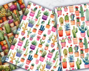 Watercolor Cactuses Seamless Digital Paper Pack - Instant Download - High Quality - Scrapbooking, Crafts, Stationery, Printables