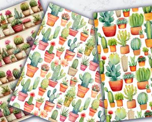 Watercolor Cactuses Digital Paper Set for Scrapbooking, Crafting, and DIY Projects - Seamless Texture, Sea Theme, Instant Download