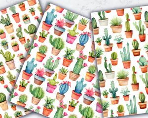 Set of 16 Watercolor Cactus Digital Pattern Papers with Seamless Texture for Scrapbooking, Card Making and Crafts - Instant Download