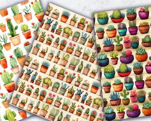 Set of 16 Watercolor Cactus Digital Pattern Papers with Seamless Texture for Scrapbooking, Card Making and Crafts - Instant Download