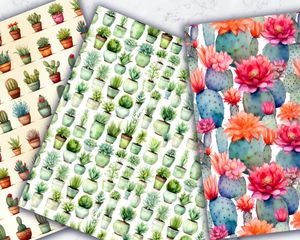 Set of 16 Watercolor Cactus Digital Pattern Papers with Seamless Texture for Scrapbooking, Card Making and Crafts - Instant Download