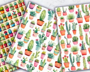 Set of 16 Watercolor Cactus Digital Pattern Papers with Seamless Texture for Scrapbooking, Card Making and Crafts - Instant Download