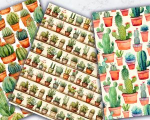 Set of 16 Watercolor Cactus Digital Pattern Papers with Seamless Texture for Scrapbooking, Card Making and Crafts - Instant Download