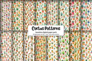 Watercolor Cactuses Digital Paper Seamless Patterns, High-Quality Watercolor Clipart, Instant Download, Commercial Use, Scrapbooking