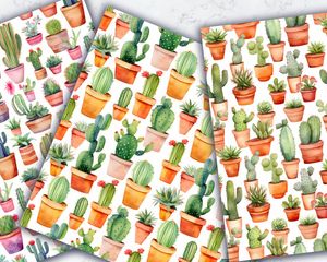 Watercolor Cactuses Digital Paper Seamless Patterns, High-Quality Watercolor Clipart, Instant Download, Commercial Use, Scrapbooking