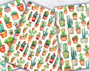 Watercolor Cactuses Digital Paper Seamless Patterns, High-Quality Watercolor Clipart, Instant Download, Commercial Use, Scrapbooking