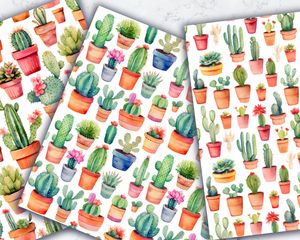 Watercolor Cactuses Digital Paper Seamless Patterns, High-Quality Watercolor Clipart, Instant Download, Commercial Use, Scrapbooking