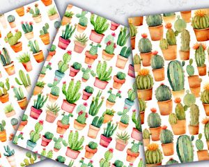 Watercolor Cactuses Digital Paper Seamless Patterns, High-Quality Watercolor Clipart, Instant Download, Commercial Use, Scrapbooking