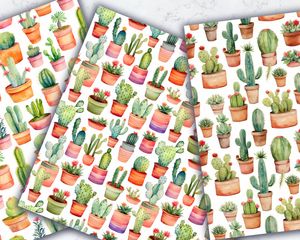 Watercolor Cactuses Digital Paper Seamless Patterns, High-Quality Watercolor Clipart, Instant Download, Commercial Use, Scrapbooking