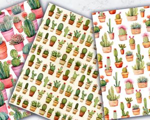 Watercolor Cactuses Digital Paper - Seamless Texture with Sea Motif, Unique and Creative Pattern Design, Ideal for Scrapbooking and Crafts