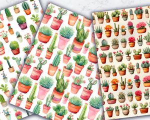 Watercolor Cactuses Digital Paper - Seamless Texture with Sea Motif, Unique and Creative Pattern Design, Ideal for Scrapbooking and Crafts