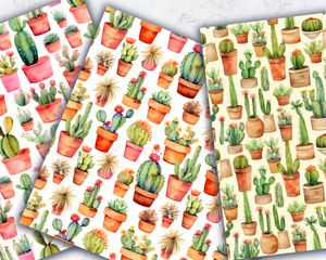 Watercolor Cactuses Digital Paper - Seamless Texture with Sea Motif, Unique and Creative Pattern Design, Ideal for Scrapbooking and Crafts