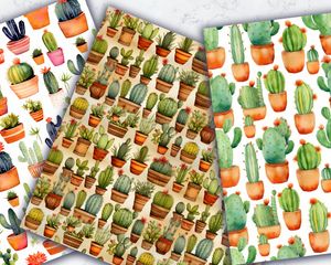 Watercolor Cactuses Digital Paper - Seamless Texture with Sea Motif, Unique and Creative Pattern Design, Ideal for Scrapbooking and Crafts