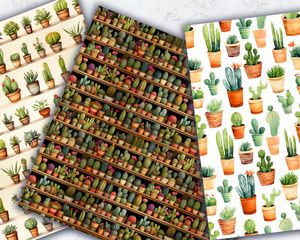 Watercolor Cactus Digital Paper Set - Seamless Texture Patterns for Sea-Themed Crafts, Scrapbooking, and Stationery - Instant Download