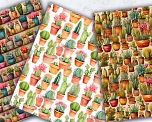 Watercolor Cactus Digital Paper Set - Seamless Texture Patterns for Sea-Themed Crafts, Scrapbooking, and Stationery - Instant Download