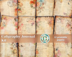 12 papers | Caligraphy Themed Junk Journal Kit, Printable Scrapbooking Pages with Intricate Details and Fairy Tale Watercolor Illustrations