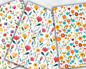 Colorful Flowers Cartoon Style Seamless Digital Pattern Paper for Crafts and Scrapbooking - White Background - Instant Download