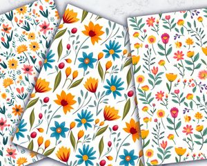 Colorful Flowers Cartoon Style Seamless Digital Pattern Paper for Crafts and Scrapbooking - White Background - Instant Download