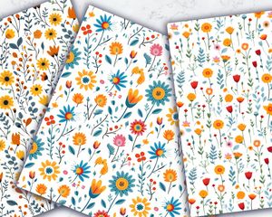 Colorful Flowers Cartoon Style Seamless Digital Pattern Paper for Crafts and Scrapbooking - White Background - Instant Download