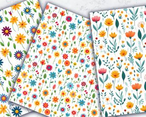 Colorful Flowers Cartoon Style Seamless Digital Pattern Paper for Crafts and Scrapbooking - White Background - Instant Download